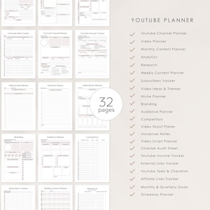 May include: A printable YouTube planner with 32 pages, featuring checklists, trackers, and planning sheets for channel growth. The planner includes sections for video ideas, audience planning, branding, and more.