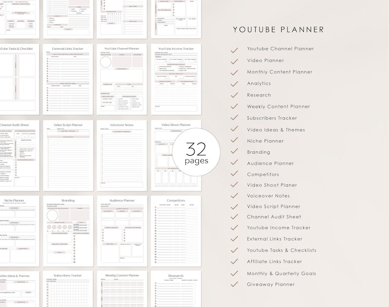 May include: A printable YouTube planner with 32 pages, featuring checklists, trackers, and planning sheets for channel growth. The planner includes sections for video ideas, audience planning, branding, and more.