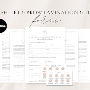 Könnte beinhalten: Ein Satz druckbarer Formulare für Wimpernlifting und Augenbrauenlaminierung und -tönung. Die Formulare beinhalten Kundeninformationen, Krankengeschichte, Einwilligung und Nachsorgehinweise. Die Formulare sind in einem minimalistischen Stil mit einer Strichzeichnung eines Gesichts gestaltet.
