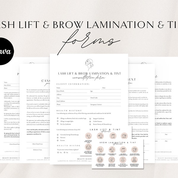 Lash Lift and Brow Lamination templates |  Lash Consent & Liability Forms | Editable Esthetician Forms | Beauty Salon Forms | Canva Template