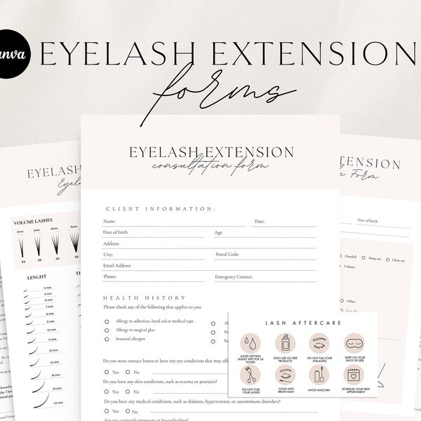 Eyelash Extension Forms  |  Lash Consent Form | Eyelash Aftercare Cards | Editable Esthetician Forms |  Beauty Salon Forms