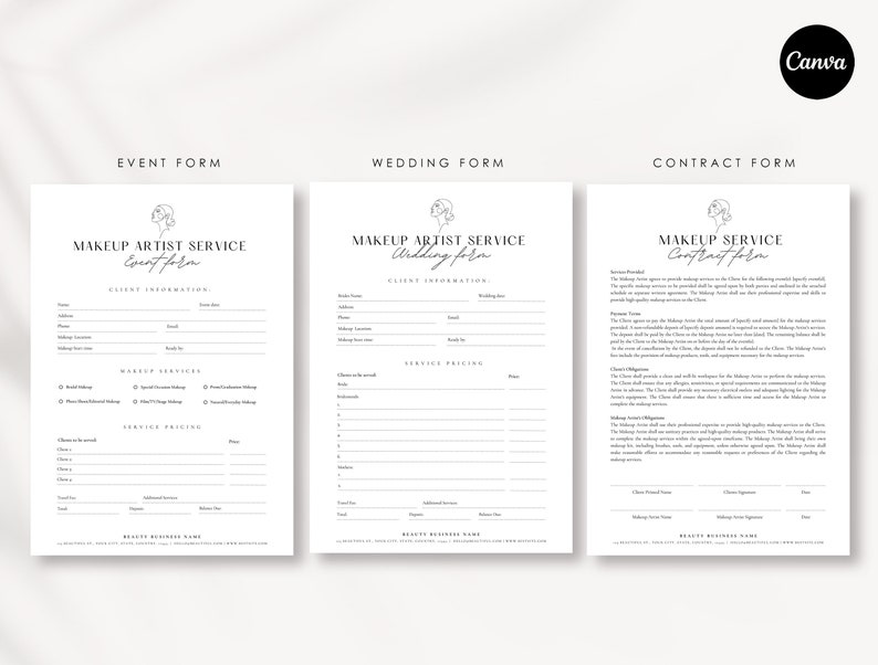 May include: Three black and white printable forms for a makeup artist service. The forms are titled "Event Form", "Wedding Form", and "Contract Form".