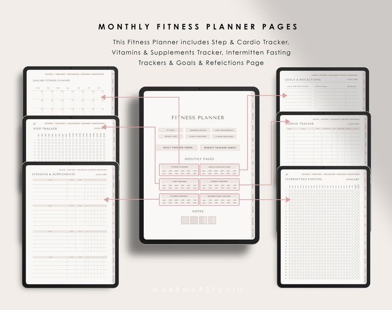 Puede incluir: Un planificador de fitness digital con p&aacute;ginas para hacer un seguimiento de los pasos, el cardio, las vitaminas, los suplementos, el ayuno intermitente, las metas y las reflexiones. El planificador est&aacute; dise&ntilde;ado para usarse en una tableta o computadora.