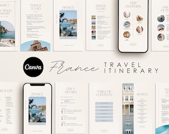 May include: A digital travel itinerary planner with a light beige background and black text. The planner includes sections for a checklist, daily details, table of contents, hotels, and things to do. The planner also includes images of France, including the Eiffel Tower, a cafe, and a street scene.