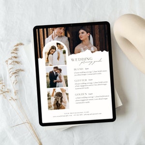 May include: A digital tablet displaying a wedding photography pricing guide with three different packages: Blush, Glitter, and Golden. Each package includes the number of hours of coverage, the number of edited images, and the turnaround time.