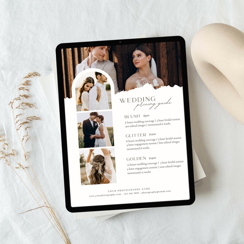May include: A digital tablet displaying a wedding photography pricing guide with three different packages: Blush, Glitter, and Golden. Each package includes the number of hours of coverage, the number of edited images, and the turnaround time.