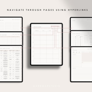 Pu&ograve; includere: Un planner digitale con una pagina per la pianificazione dei pasti, una lista della spesa, un inventario della cucina, sostituzioni di ingredienti, note e pagine per il monitoraggio dei pasti. Le pagine sono collegate tramite hyperlink.