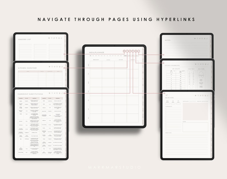 Pu&ograve; includere: Un planner digitale con una pagina per la pianificazione dei pasti, una lista della spesa, un inventario della cucina, sostituzioni di ingredienti, note e pagine per il monitoraggio dei pasti. Le pagine sono collegate tramite hyperlink.