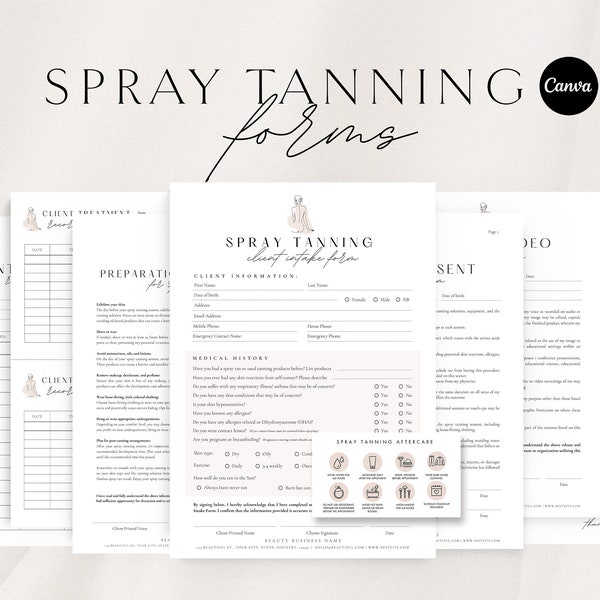 Spray Tan Forms  | Editable Spray Tan Templates | Spray Tanning Consultation Forms | Spray tan aftercare | Esthetician Forms | Canva