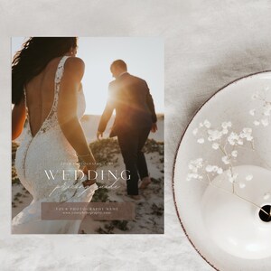 May include: A wedding photography pricing guide with a couple walking on a beach at sunset. The text reads "Wedding Pricing Guide" and includes the photographer's name and website.