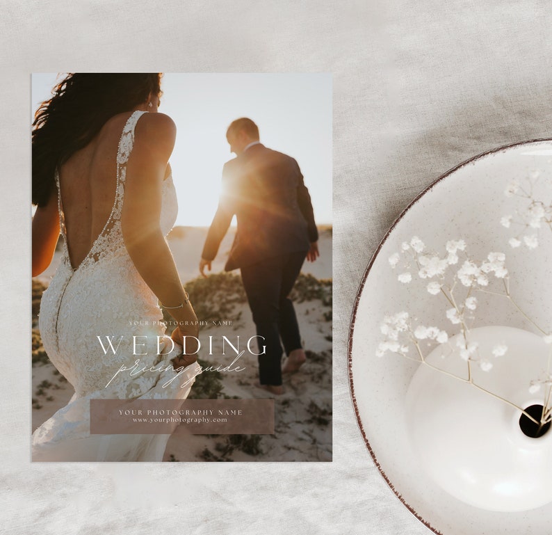 May include: A wedding photography pricing guide with a couple walking on a beach at sunset. The text reads "Wedding Pricing Guide" and includes the photographer's name and website.