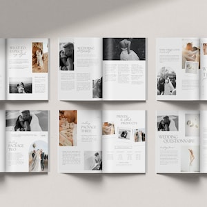 May include: A wedding photography brochure with images of a couple, a bride, and rings. The brochure includes information about wedding packages, prints, and products. It also includes a questionnaire for potential clients.