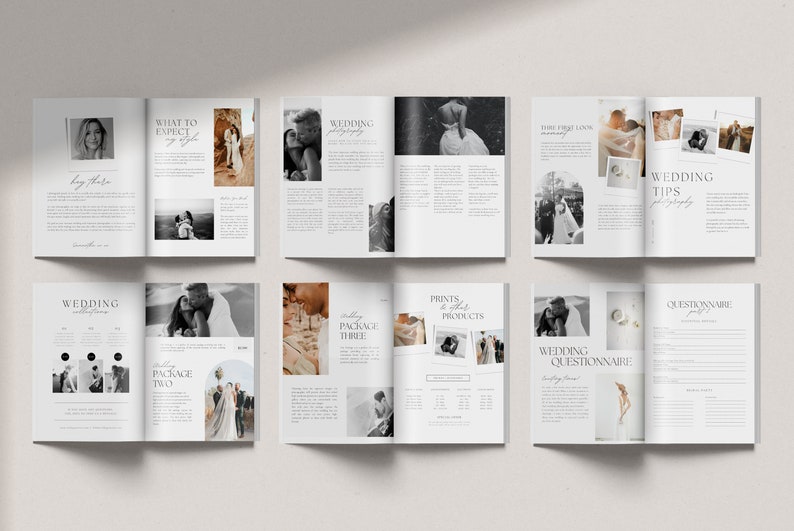 May include: A wedding photography brochure with images of a couple, a bride, and rings. The brochure includes information about wedding packages, prints, and products. It also includes a questionnaire for potential clients.