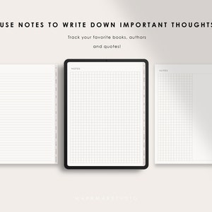 Puede incluir: Tres p&aacute;ginas de notas en blanco con el texto "USE NOTES TO WRITE DOWN IMPORTANT THOUGHTS Track your favorite books, authors and quotes!" en la parte superior. Las p&aacute;ginas est&aacute;n rayadas, cuadriculadas y en blanco.