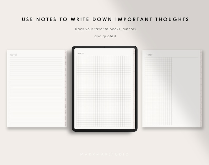 Puede incluir: Tres p&aacute;ginas de notas en blanco con el texto "USE NOTES TO WRITE DOWN IMPORTANT THOUGHTS Track your favorite books, authors and quotes!" en la parte superior. Las p&aacute;ginas est&aacute;n rayadas, cuadriculadas y en blanco.