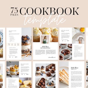 Op de afbeelding: Een kookboek sjabloon met een beige achtergrond. De tekst "75 PAGES COOKBOOK template" wordt in zwart en wit weergegeven. De sjabloon bevat receptpagina's met afbeeldingen van voedsel, en de tekst "hello there I'M SAMANTHA" is ook zichtbaar.