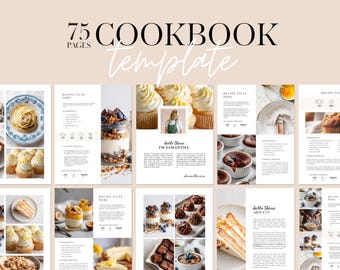 Plantilla de libro de cocina editable / Libro de recetas de 75 páginas / Canva