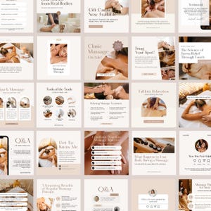 Op de afbeelding: Een collage van afbeeldingen die massagetherapie-diensten promoten. De afbeeldingen tonen mensen die massages krijgen, gereedschappen die worden gebruikt in massagetherapie en tekst over de voordelen van massage. De tekst bevat zinnen als "Massage Therapy", "Tools of the Trade", "Get to Know Me", "3 Surprising Benefits of Regular Massage Therapy", "Lymphatic Drainage Massage Benefits", "What Happens to Your Body During a Massage", "The Science of Stress Relief Through Touch", "Fall Into Relaxation", "Snag Your Spot!" en "Classic Massage On Sale!"
