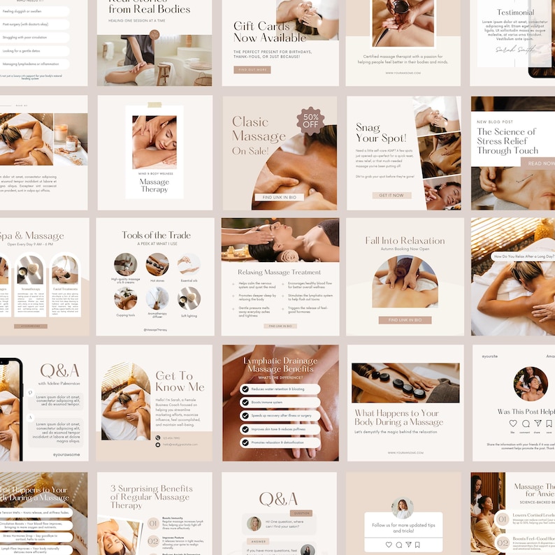 Op de afbeelding: Een collage van afbeeldingen die massagetherapie-diensten promoten. De afbeeldingen tonen mensen die massages krijgen, gereedschappen die worden gebruikt in massagetherapie en tekst over de voordelen van massage. De tekst bevat zinnen als "Massage Therapy", "Tools of the Trade", "Get to Know Me", "3 Surprising Benefits of Regular Massage Therapy", "Lymphatic Drainage Massage Benefits", "What Happens to Your Body During a Massage", "The Science of Stress Relief Through Touch", "Fall Into Relaxation", "Snag Your Spot!" en "Classic Massage On Sale!"
