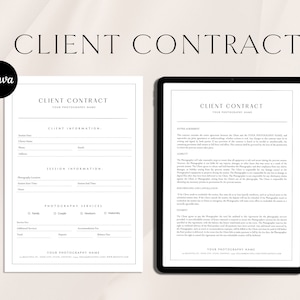 Pu&ograve; includere: Un modello di contratto cliente in bianco e nero per fotografi. Il contratto include sezioni per le informazioni del cliente, le informazioni sulla sessione, i servizi fotografici e una riga di firma. Il contratto &egrave; progettato per essere utilizzato su un tablet o un computer.