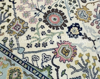 Modern beige blue Oushak Hand Knotted Wool Area Rug 8x10,9x12, 10x14 ft multicolour antique Handmade Rugs for Living Room,Bedroom,Home Décor