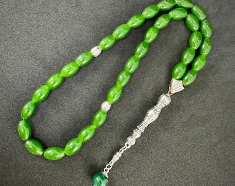 Tasbih in agata verde naturale, perle di preghiera in agata, pietra protettiva Misbaha, rosario islamico per uomo, 33 perle di agata fatte a mano.