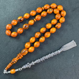 Antique German Fiber 33-Bead Tasbih: Worry Beads, 925 Sterling Silver Tassel
