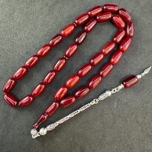Handcrafted  Bakelite 33-Bead Tasbih: Worry Beads, 925 Sterling Silver Tassel