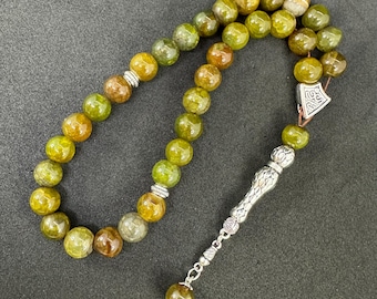 Tasbih in agata verde naturale, perle di preghiera in agata, pietra protettiva Misbaha, rosario islamico per uomo, perle antistress in agata fatte a mano, 33 perle.