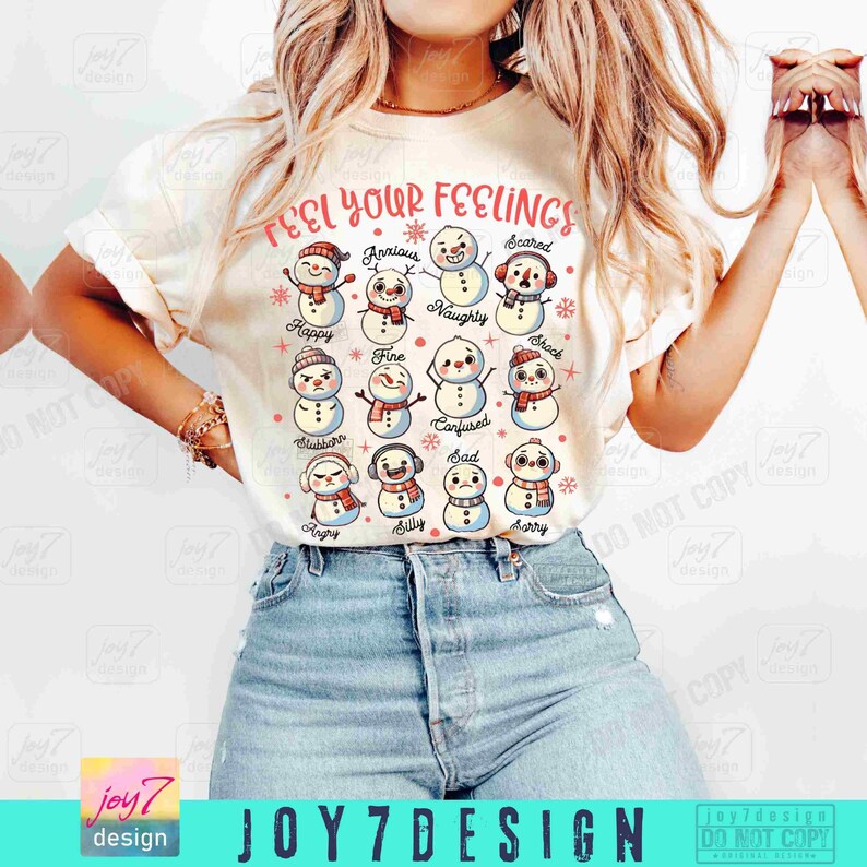Känn dina känslor jul mental hälsa png jul snögubbe png inkludering logoped BCBA skolpsykolog skjorta design original bild 3