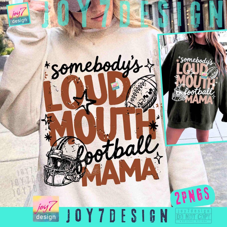 May include: A beige long-sleeve sweatshirt featuring a graphic print with the text "somebody's LOUD MOUTH football MAMA" in brown and black. The design includes illustrations of a football and a football helmet, accented with star shapes.