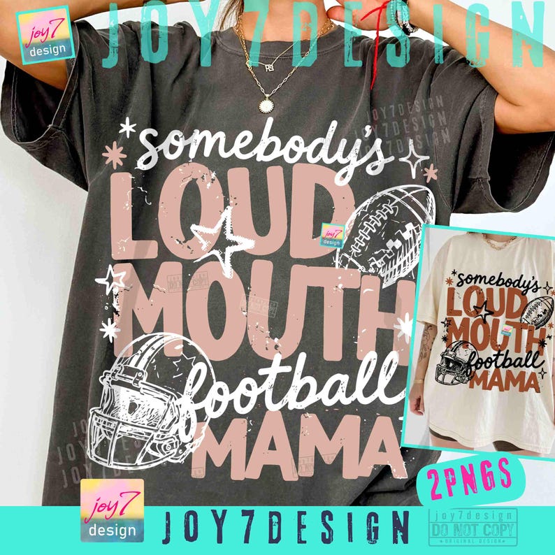 May include: A charcoal gray t-shirt featuring the text "somebody's LOUD MOUTH football MAMA" in white and muted pink. The design includes graphic illustrations of a football helmet and a football, accented with small white star symbols.