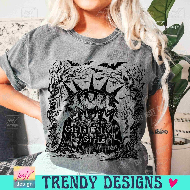 Las chicas serán chicas Brujas PNG Bruja de Halloween retro PNG Divertido Halloween PNG Camiseta vintage de Halloween de moda PNG Vibras de brujas Espeluznante ORIGINAL imagen 6