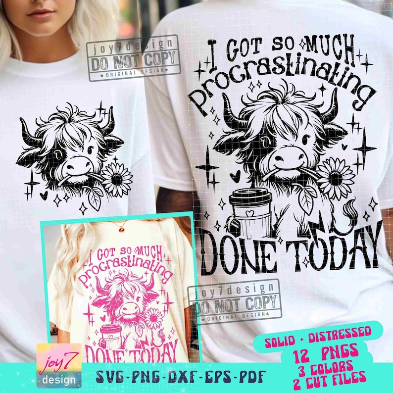Funny Procrastination Heifer SVG PNG Coffee lover Highland Cow Png Funny Western Cow Png Funny Cow Png Retro Sublimation Cut Files ORIGINAL image 1