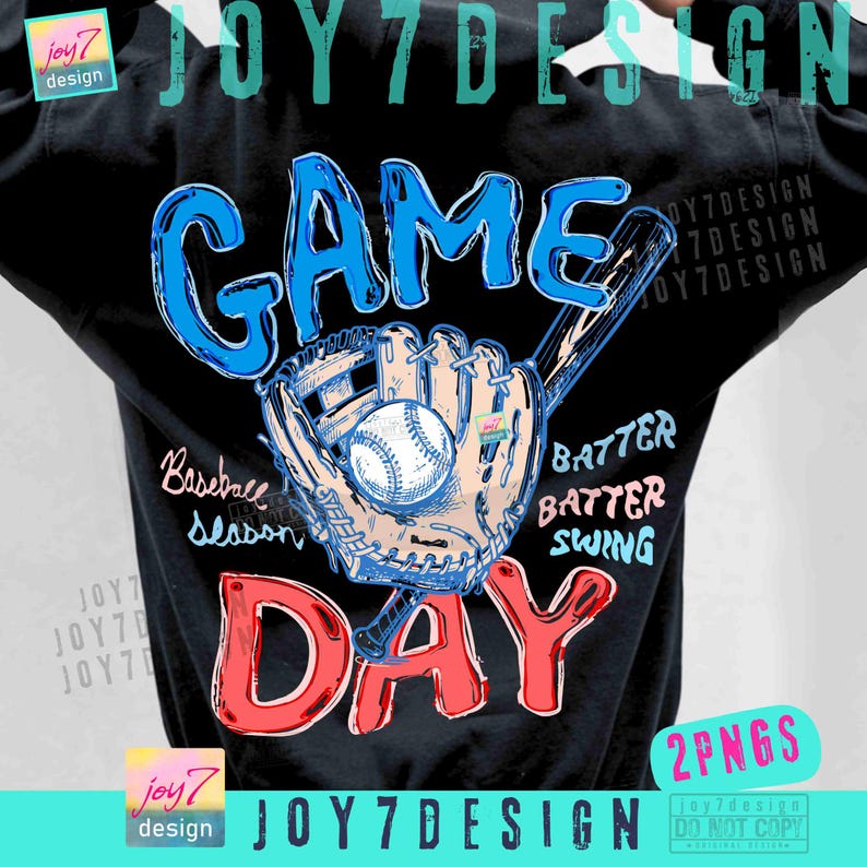 May include: Black t-shirt with a baseball-themed graphic. The design features the words "GAME DAY" in red and blue, a baseball, glove, and bat. Additional text includes "Baseball Season", "Batter, Batter, Swing".