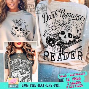 Dark Romance Reader SVG PNG Book lover Floral Skull Svg Reader Svg Book lover Sublimation Bookish Svg Reading skeleton Svg Cut File ORIGINAL image 1
