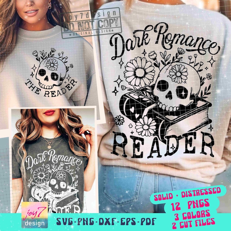 Dark Romance Reader SVG PNG Book lover Floral Skull Svg Reader Svg Book lover Sublimation Bookish Svg Reading skeleton Svg Cut File ORIGINAL image 1