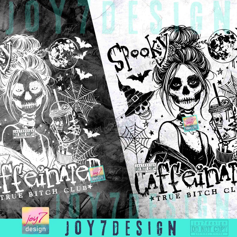 Spooky Caffeinated True B*tch Club Snarky Halloween PNG Divertente Scheletro Halloween Messy Bun Witchy Png Spooky Mom Coffee Fall design ORIGINALE immagine 2