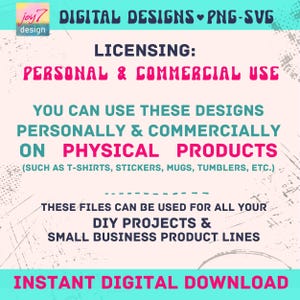 text that provides information about the use of designs for personal and commercial purposes, specifically for physical products such as T-shirts, stickers, mugs, and other small business product lines. It also mentions that these files can be used for DIY projects and small business product lines, and that there is an instant digital download available.