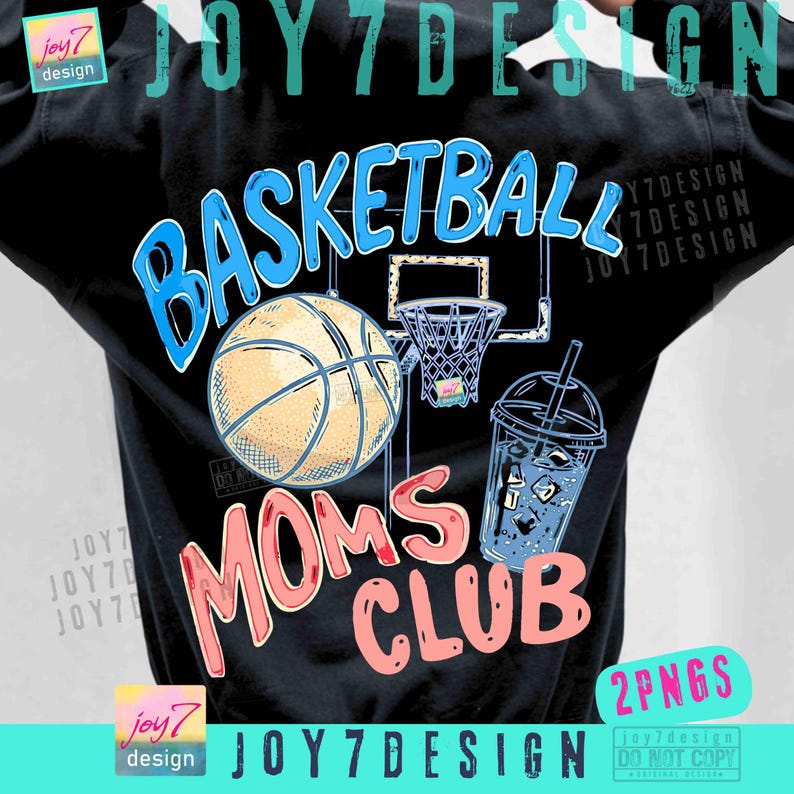 May include: Black sweatshirt with a basketball-themed graphic. The design features a basketball, hoop, and a drink with ice. Text includes "BASKETBALL" in blue and "MOMS CLUB" in pink.