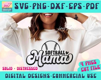 ソフトボールママ SVG PNG: ダメージ加工ママシャツデザイン（デジタルダウンロード）