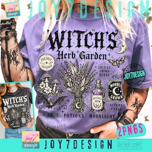 May include: A light purple t-shirt featuring a black graphic print with the text Witch's Herb Garden, Freshly Gathered, Locally Grown Herbs, Moonly Grown, Autumn Picked, Sage, Potions, and Moonlight, alongside illustrations of herbs, mushrooms, a bat, and a bottle.