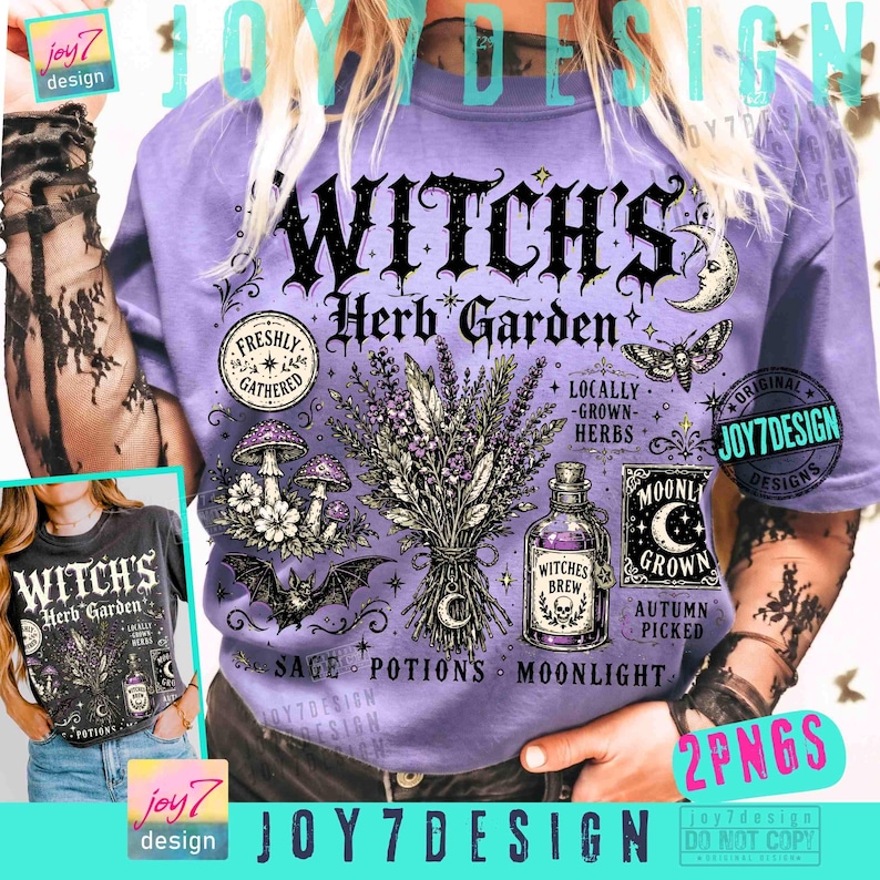 May include: A light purple t-shirt featuring a black graphic print with the text Witch's Herb Garden, Freshly Gathered, Locally Grown Herbs, Moonly Grown, Autumn Picked, Sage, Potions, and Moonlight, alongside illustrations of herbs, mushrooms, a bat, and a bottle.