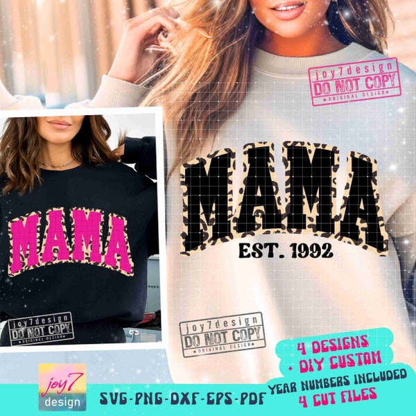 Mama Est Date SVG PNG New Mom Svg Varsity text Mama Est Leopard print Mama Shirt Svg DIY Custom Mom Shirt Cut file Mama Sublimation Original