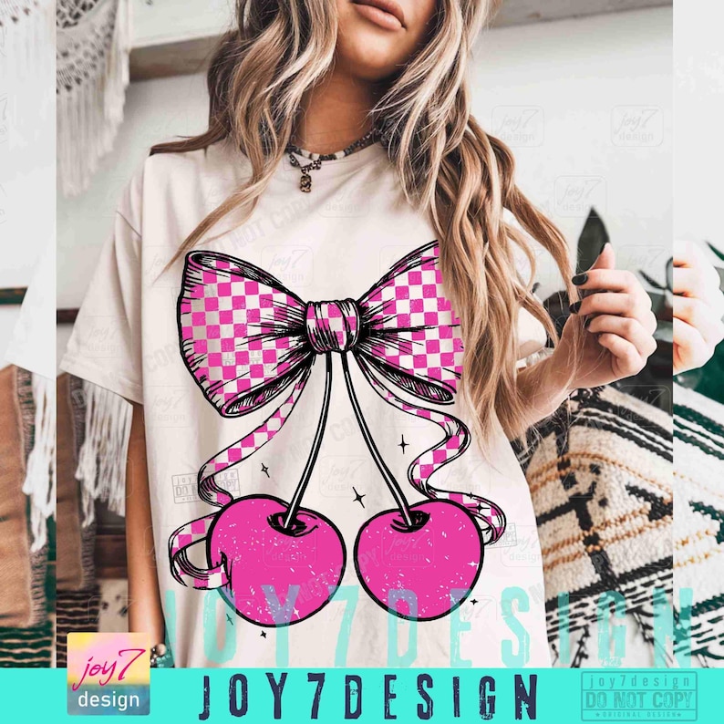 Coquette Cherry PNG Preppy Retro Checkers Coquette Cherries Boho Png Soft Girl Cherry Bow Vintage design Trendy Cherries Girly Png ORIGINAL image 4