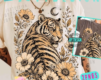 Floral Tiger ORIGINAL PNG, Vintage Botanical Tiger Shirt Design, Boho Celestial Wildlife Graphic