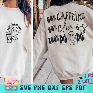 Caffeina e caos Mamma SVG PNG Amante del caffè Mamma Svg Mamme alla moda Svg Mamma divertente Svg Mamma retrò sarcastica Svg Fronte Retro Png Mamma Design maglietta