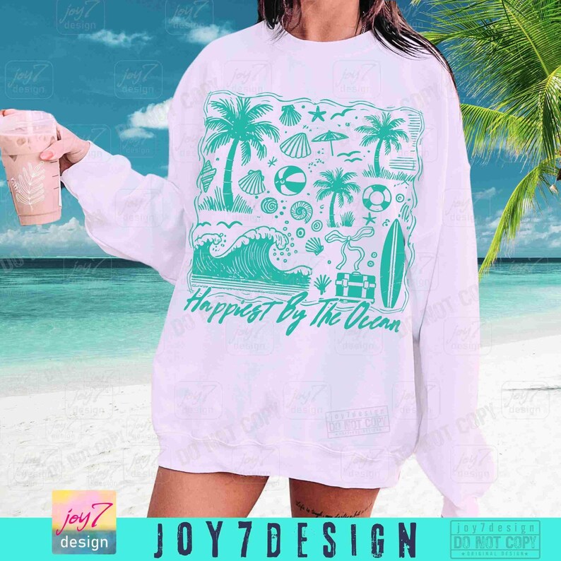Happiest By The Ocean PNG Retro Beach Shirt Png Summer Palms Ocean Trendy Summer shirt Png Coquette Funny Summer Png Summer design ORIGINAL image 4