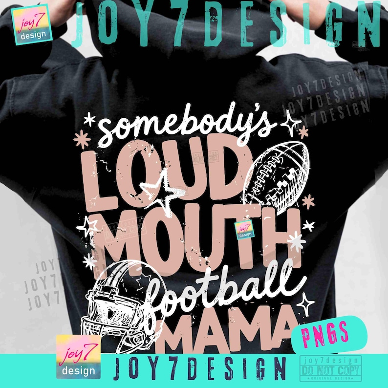 May include: A black hooded sweatshirt featuring a graphic design on the back with the text "somebody's LOUD MOUTH football MAMA". The design includes a football, a football helmet, and star accents in light pink and white with a distressed texture.