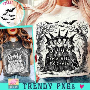 Las chicas serán chicas Brujas PNG Bruja de Halloween retro PNG Divertido Halloween PNG Camiseta vintage de Halloween de moda PNG Vibras de brujas Espeluznante ORIGINAL imagen 1